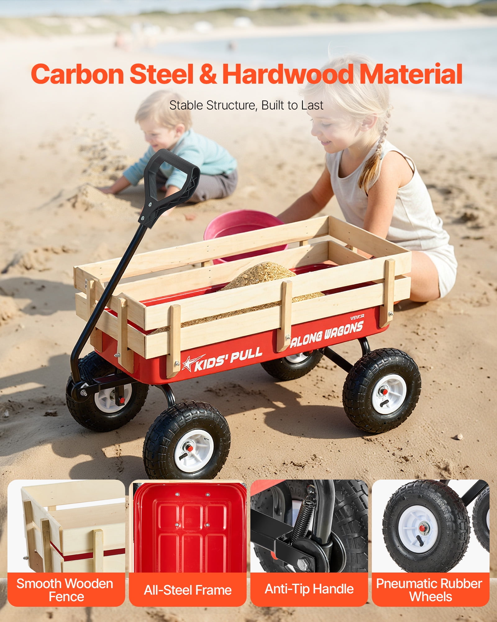 VEVOR Pull-Along Wagon for Kids, 39 inch Toddler Wagons with Wooden Panels & Handle, Supports up to 330 lbs, All-Terrain Utility Wagon Cart Birthday Present for Kids Gardening Beach, Red
