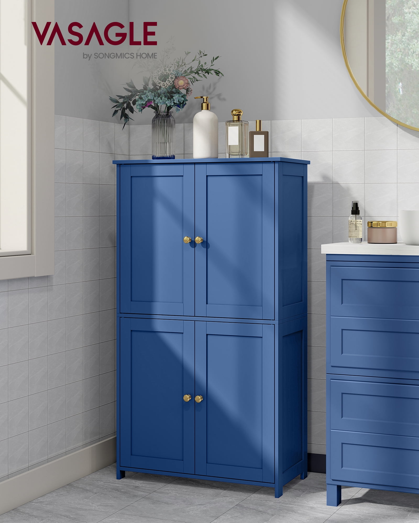 VASAGLE Floor Storage Cabinet, Shaker Cabinet with 2 Adjustable Shelves, 4 Doors, Tall Freestanding Organizer Unit, Bijou Blue