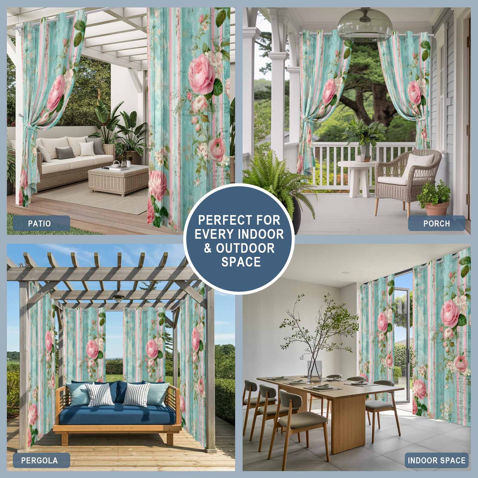 Rustic Pink Roses Outdoor Curtains for Patio, Botanical Leaves Wood Grain Vintage Sunshade Privacy Drapes Grommet Waterproof Outside Curtains for Porch/Cabana/Balcony 54"x 108", 1 Panel