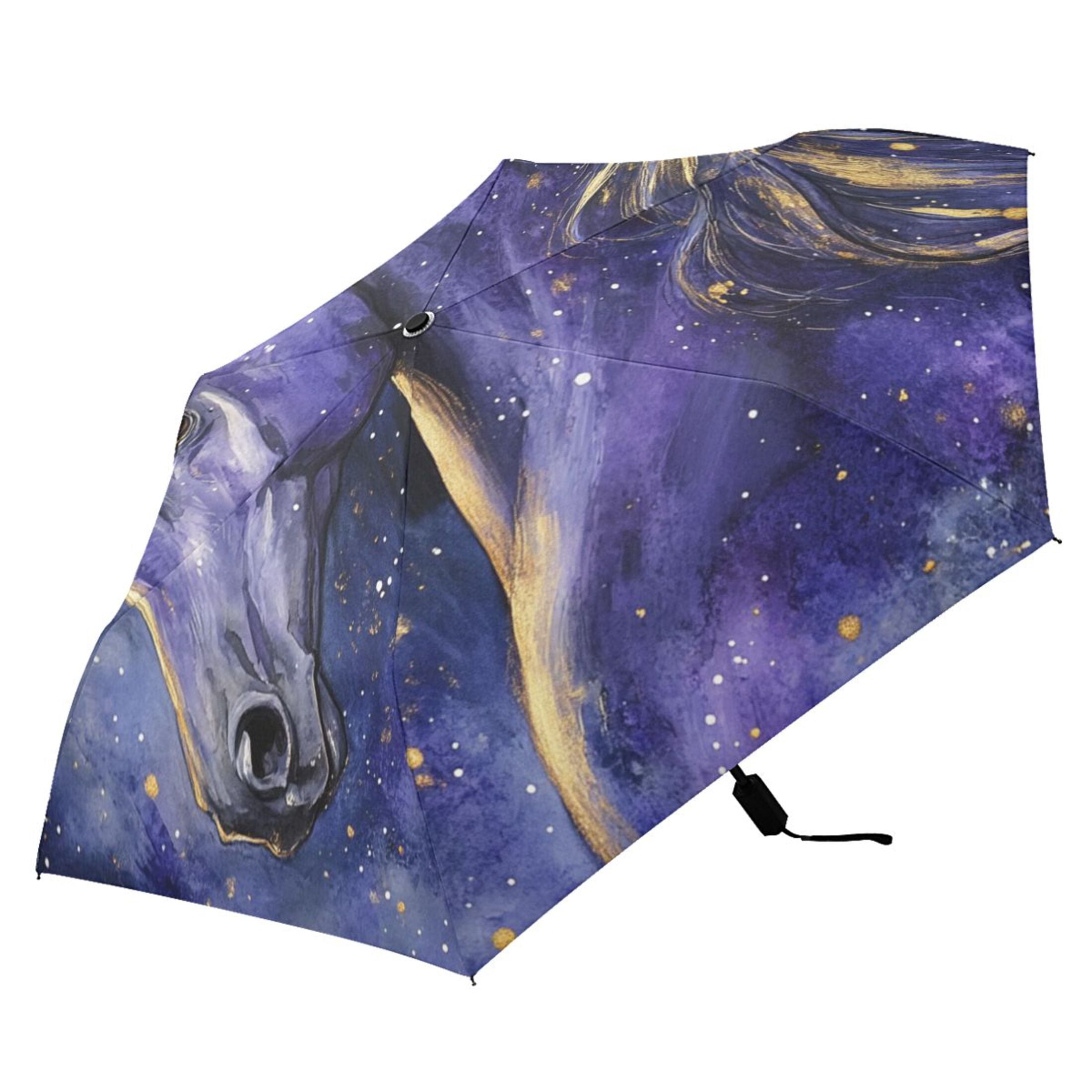 Elegant Purple Golden Horse All Weather Umbrella Triple Folding Parasol 6 Ribs UV Protection Portable