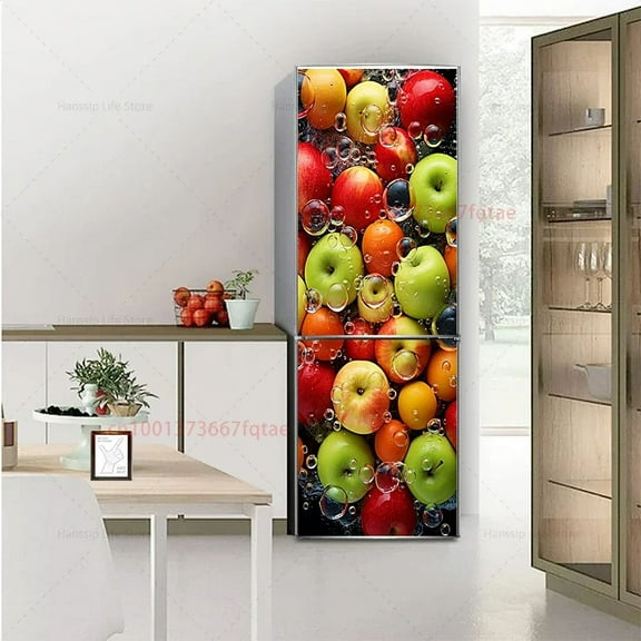 3D Realistic Fruit Printed Refrigerator Door Wrap Mural Decals Peel and Stick Waterproof Kitchen Fridge Door Sticker Wallpaper