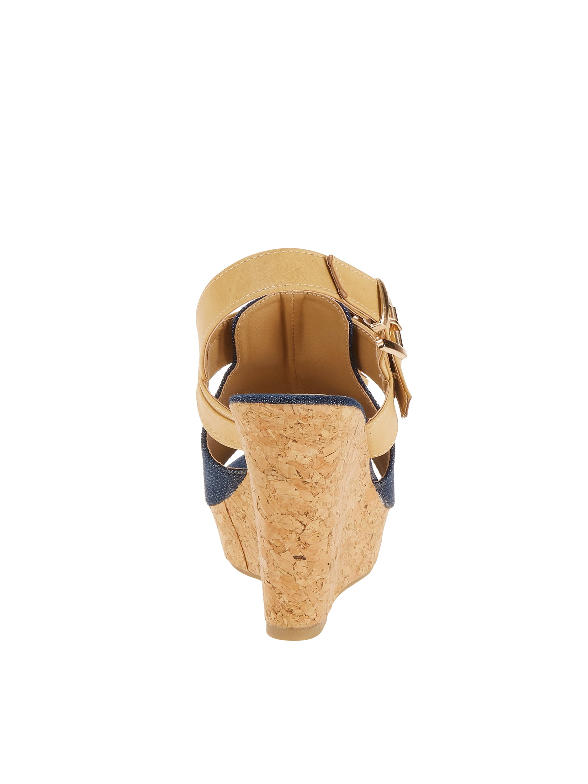 Forever Young Women's Denim Embellishment Wedges with Contrast Straps, Buckles and Tassels