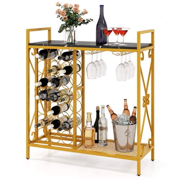 RUIE 21 Bottle Freestanding Wine Rack, Floor Wine Bottle Organizer with Glass Holder, Metal Wood Storage Shelf for Kitchen Dining Room - Black Golden