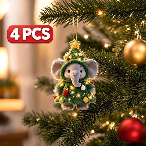 Qocolcyl 4 PCS Cute 2D Elephant Christmas Acrylic Ornaments, Christmas Tree Costume Elephant Hanging Pendant For Xmas Tree Indoor Outdoor Home Holiday Decor, Festive Xmas Decorations