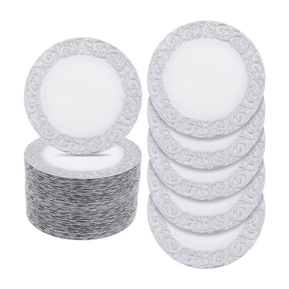 50Pcs Silver Charger Plates Bulk, 13" Antique Charger Plates Set with Embossed Rim Reusable Serving Round Plate for Wedding Party Event Tableware (White Background with Silver Rim)