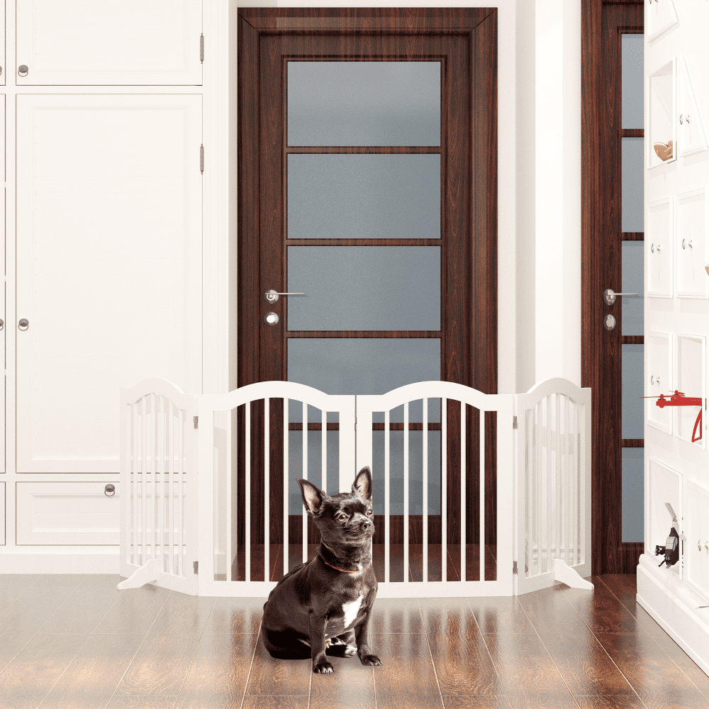 27.6" Height Tall Freestanding Pet Gate,4 Panels Foldable Dog Gate,Solid Wood Folding Safety Fence Wooden Dog Gate with 2 pcs Support Feet Ideal for Stairs,Doorways,Halls,Kitchens,Heavy Duty Gat