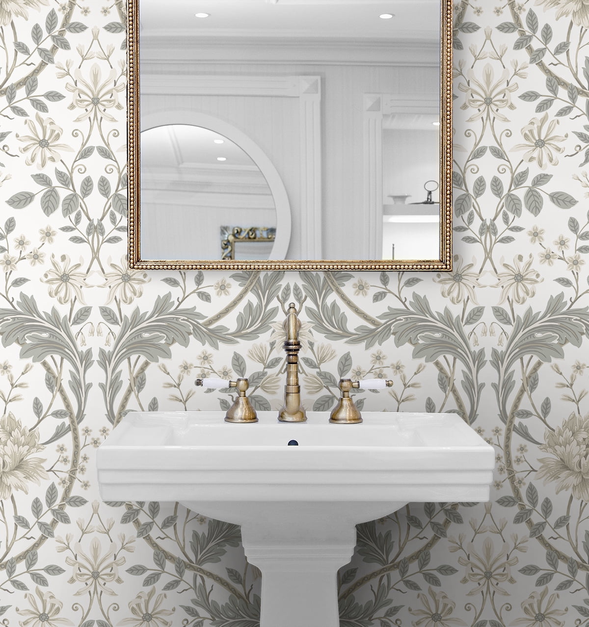 Seabrook Designs Ivory & Grey Honeysuckle Floral Prepasted Wallpaper - 20.9 in. W x 33 ft. Roll