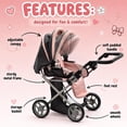 thumbnail image 6 of Dolls To Play Baby Doll Convertible Pram Stroller, 3-in-1 Doll Carriage with Removable Bassinet, Adjustable Handle, Canopy, Storage Basket, Pink/Black, 6 of 7