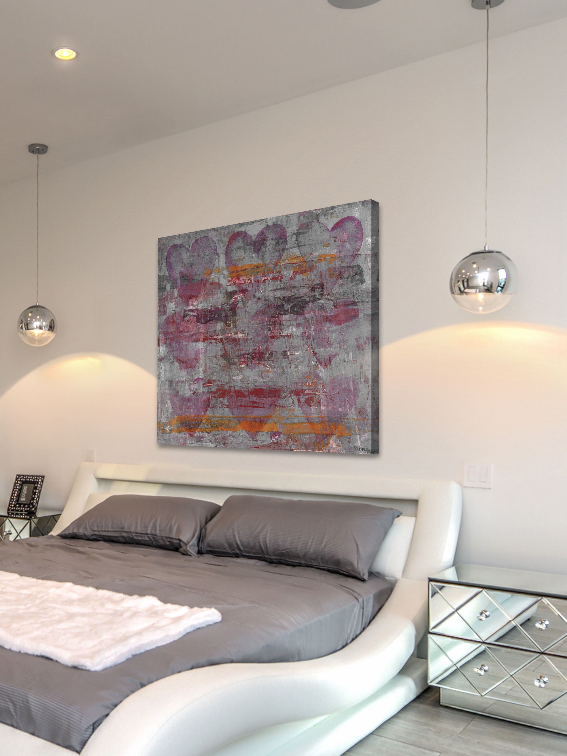 "Pink Grey Hearts" Painting Print on Wrapped Canvas