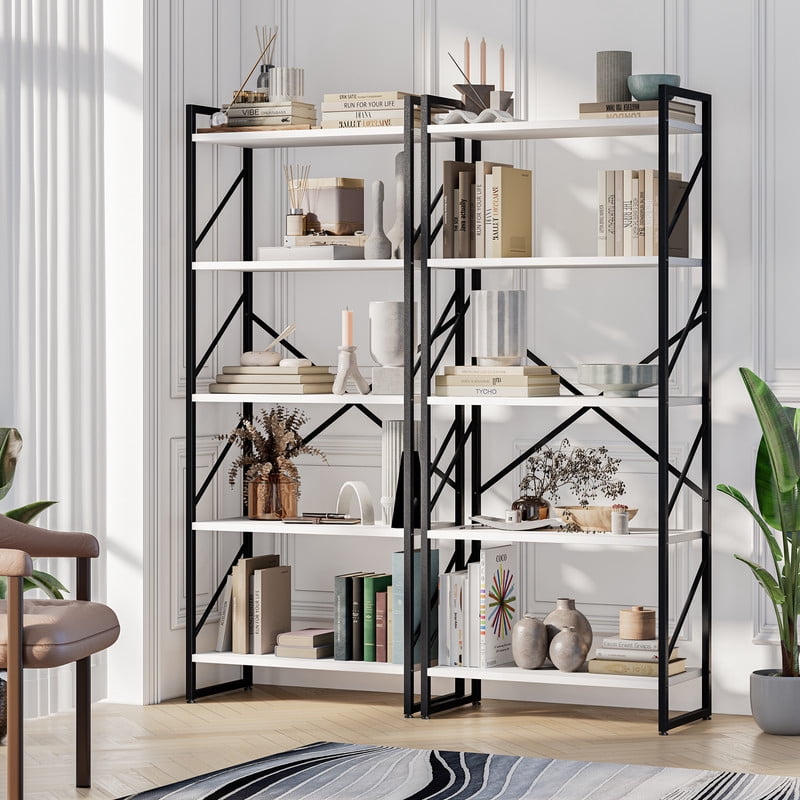 Walsunny Bookshelves Wooden Bookcases 5 Tiers H-Shaped Bookshelf with 5 Open Display Shelves White