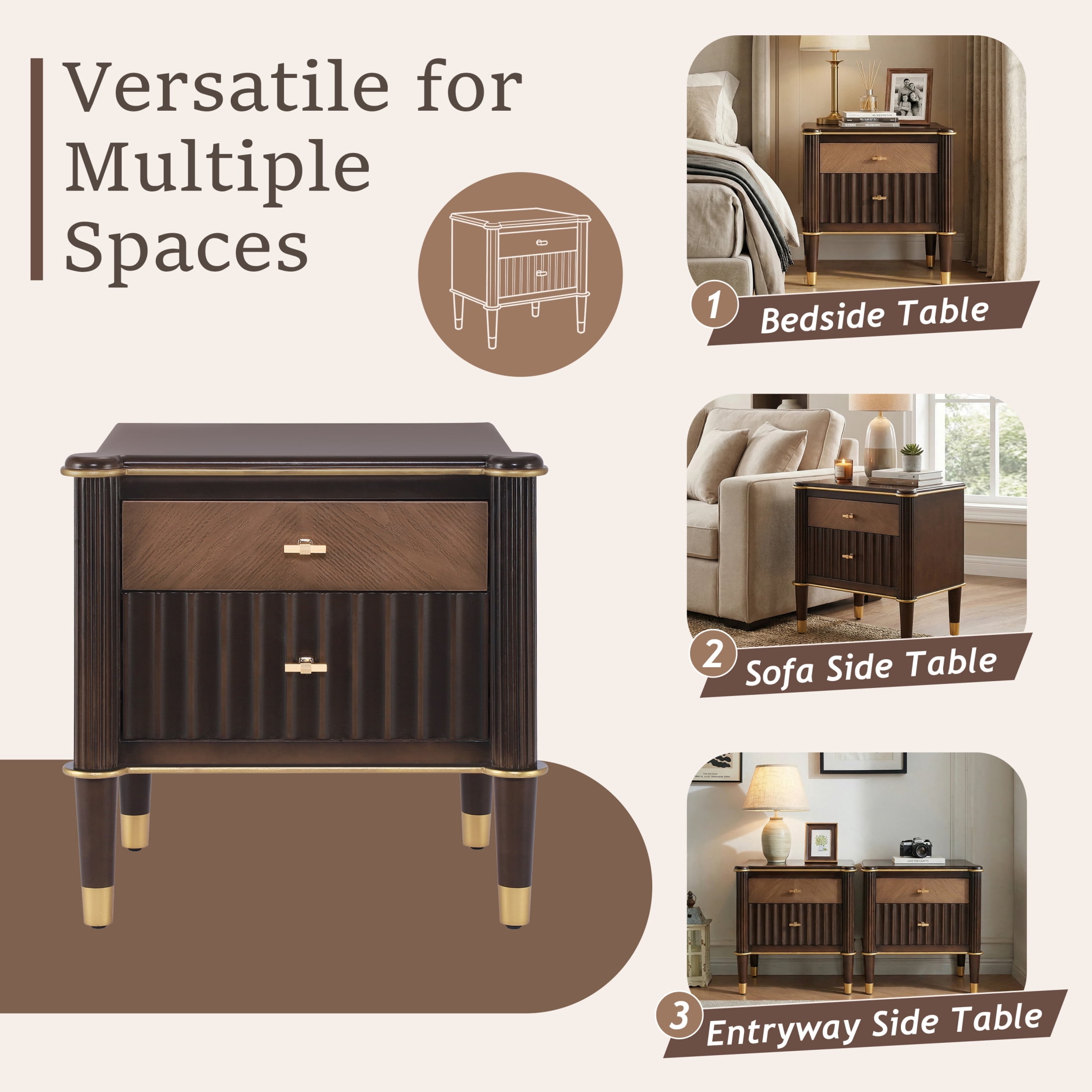 Christopher Knight Home 23.2” Fluted Nightstand with 2 Drawers, Bedside Table with Solid Wood Legs, Walnut