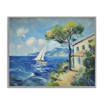 Stupell Industries Sailboat & Beach Villa Coastal Painting Gray Framed Art Print Wall Art, 14 x 11