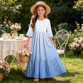 thumbnail image 7 of ITSAME Girls A-Line Maxi Dress Flowy Ruffle 3/4 Sleeve Round Neck Gradient Print Summer Fashion Casual Dress Light Blue Size 10, 7 of 7