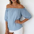 thumbnail image 5 of larppty Womens Off Shoulder Tops Linen Cotton Tunic Tops Long Sleeves Ruffle Balloon Sleeve Shirts Summer Casual Blouses（Sky Blue， M）, 5 of 9