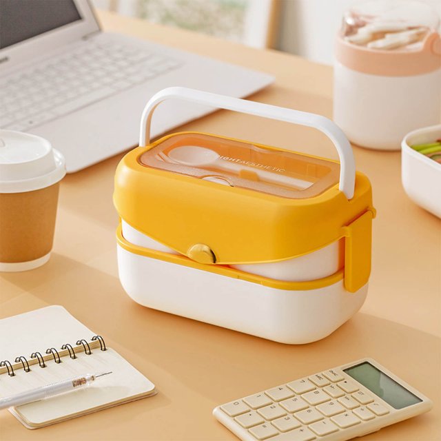 Antqov Double Compartmentalized Handle Lunch Box Large Capacity High Appearanceplastic Lunch Box with Spork, Home Accessories