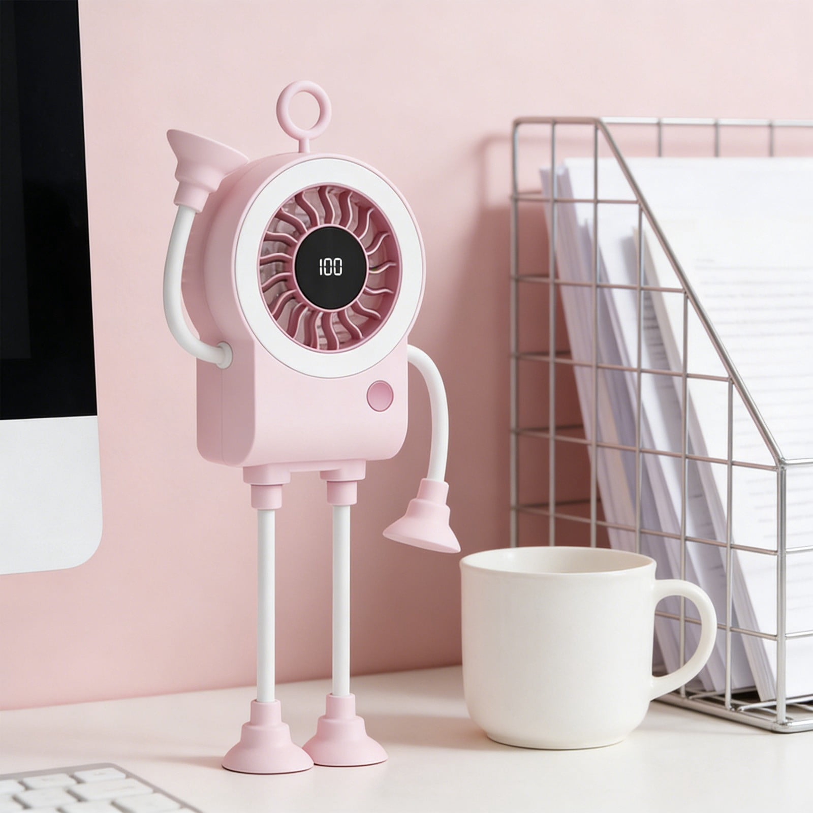 USB Rechargeable Suction Cup Fan with 5 Speeds & Digital Display, Portable Mini Fan with Adjustable Gooseneck & LED Power Display for Kitchen, Office & Home,Summer Essentials