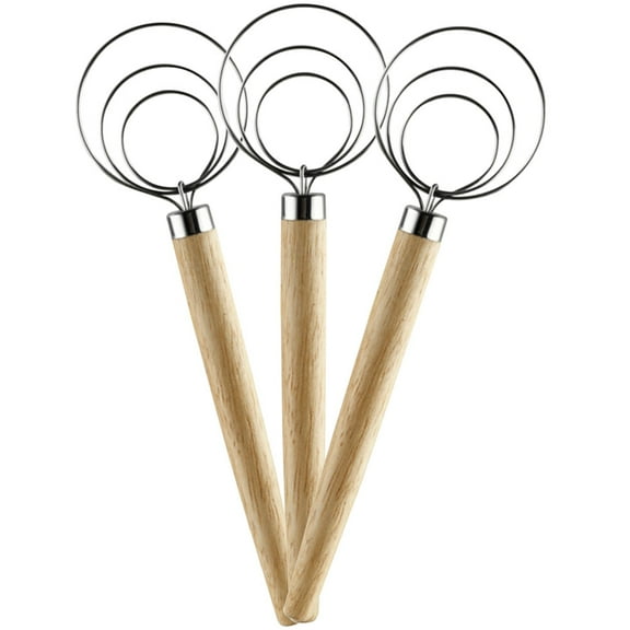 3-Piece Manual Handheld Beater Mixer Set with Hand Whisk, Dough , Bread Baking Tools, Ergonomic Steel and Wooden Handles