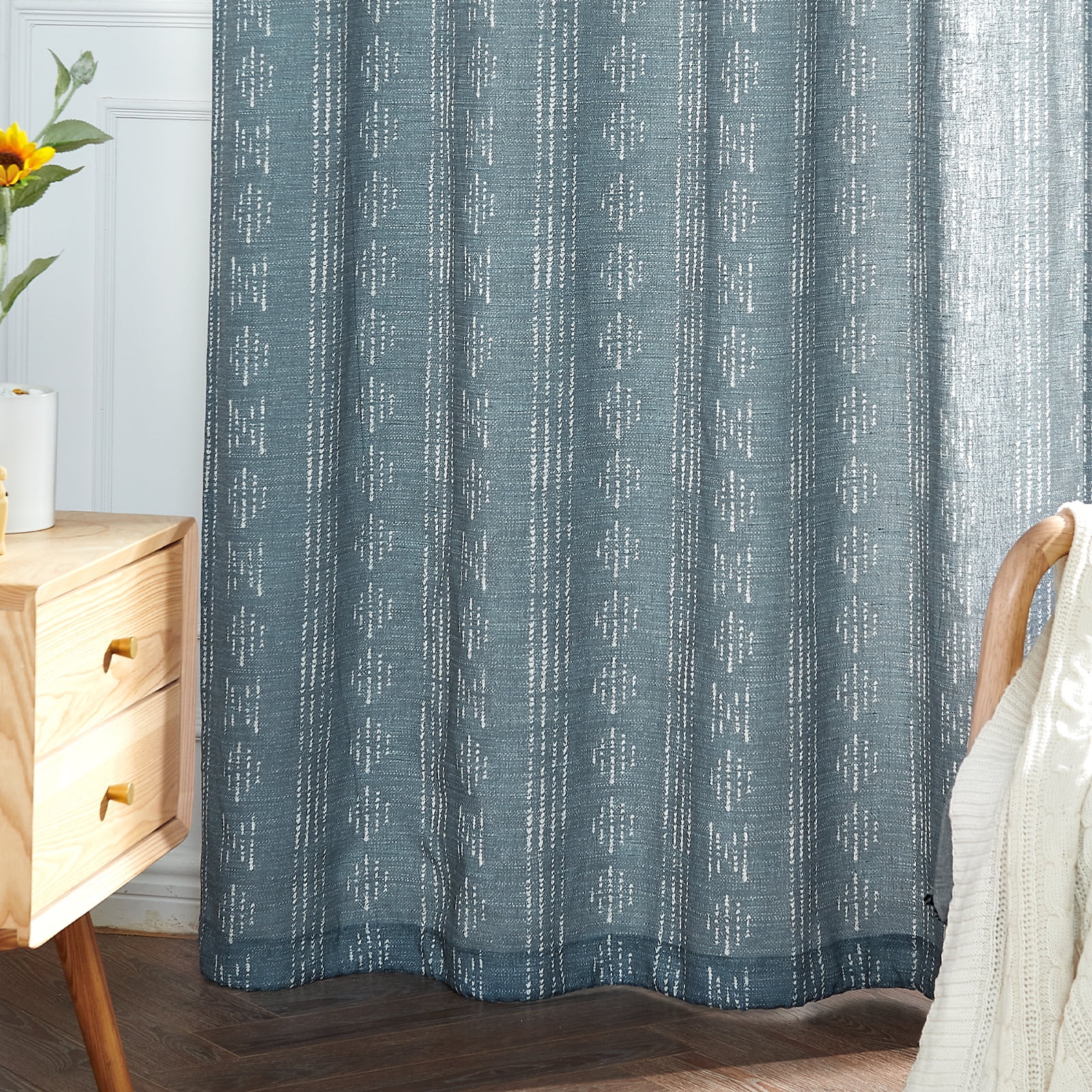 Curtainking Blue Linen Blend Curtains Geometric Striped Light Filtering Farmhouse Grommet Curtains for Living Room 96 Inch Pack of 2