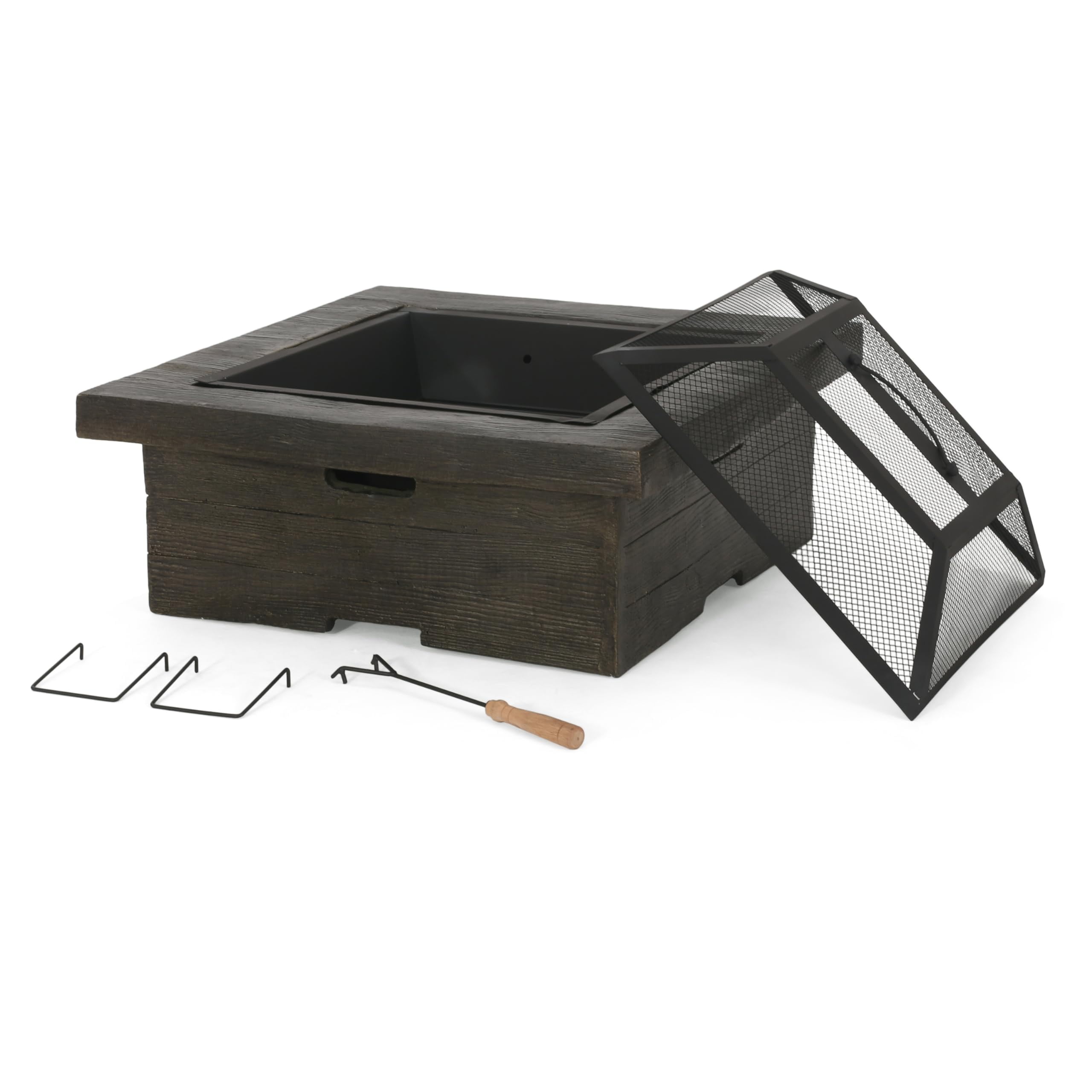 29 in. Gray Square Wood Burning Fire Pit with a Mesh Screen Cover, Lightweight Concrete Patio Garden Fire Pit for Family Gathering