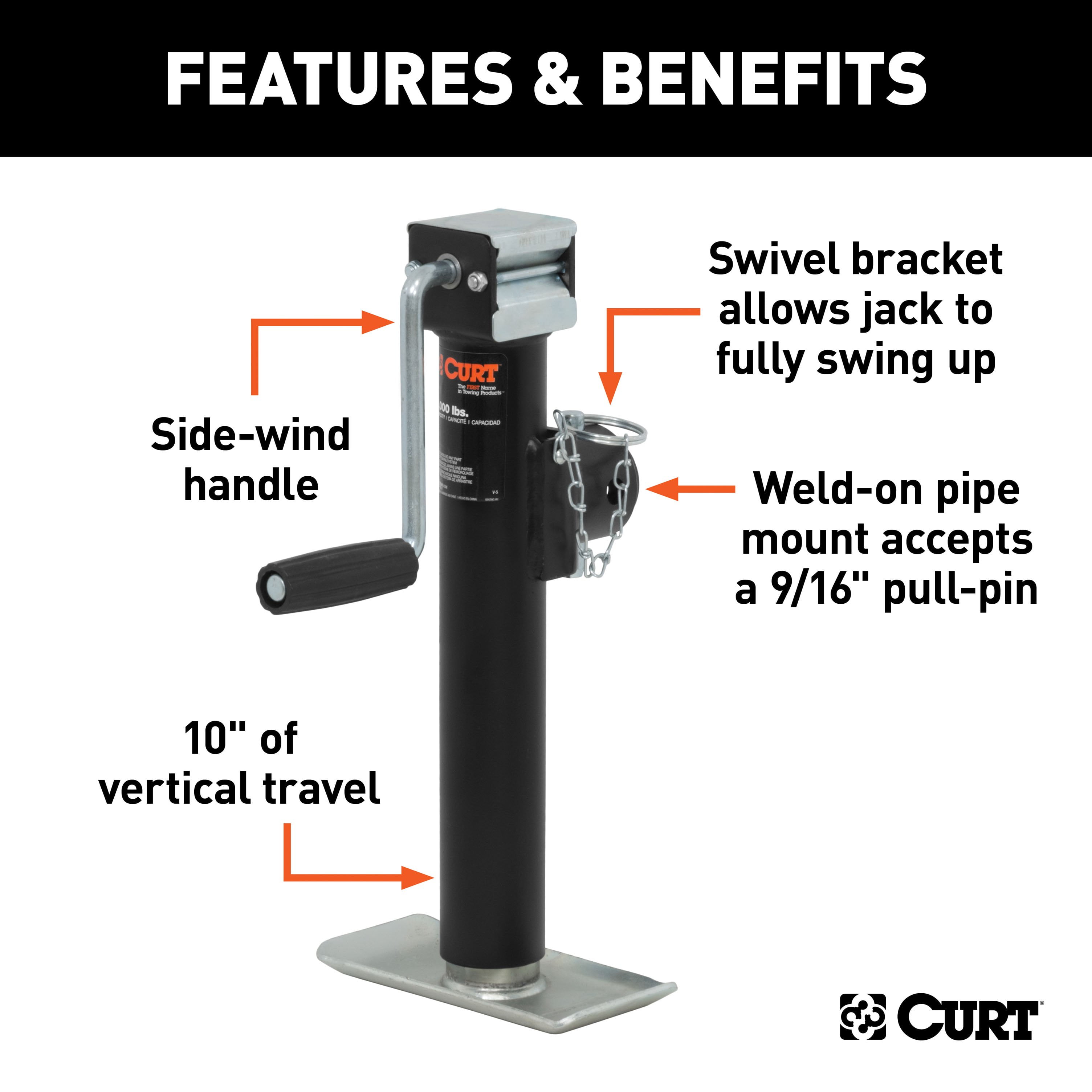 CURT 28321 Weld-On Pipe-Mount Swivel Trailer Jack, 2,000 lbs. 10 Inches  Vertical Travel