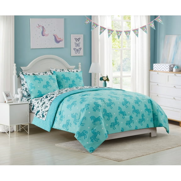 Kute Kids 3-Piece Ultra Soft Unicorn Dazzle Aqua Microfiber Reversible Comforter Set, Full