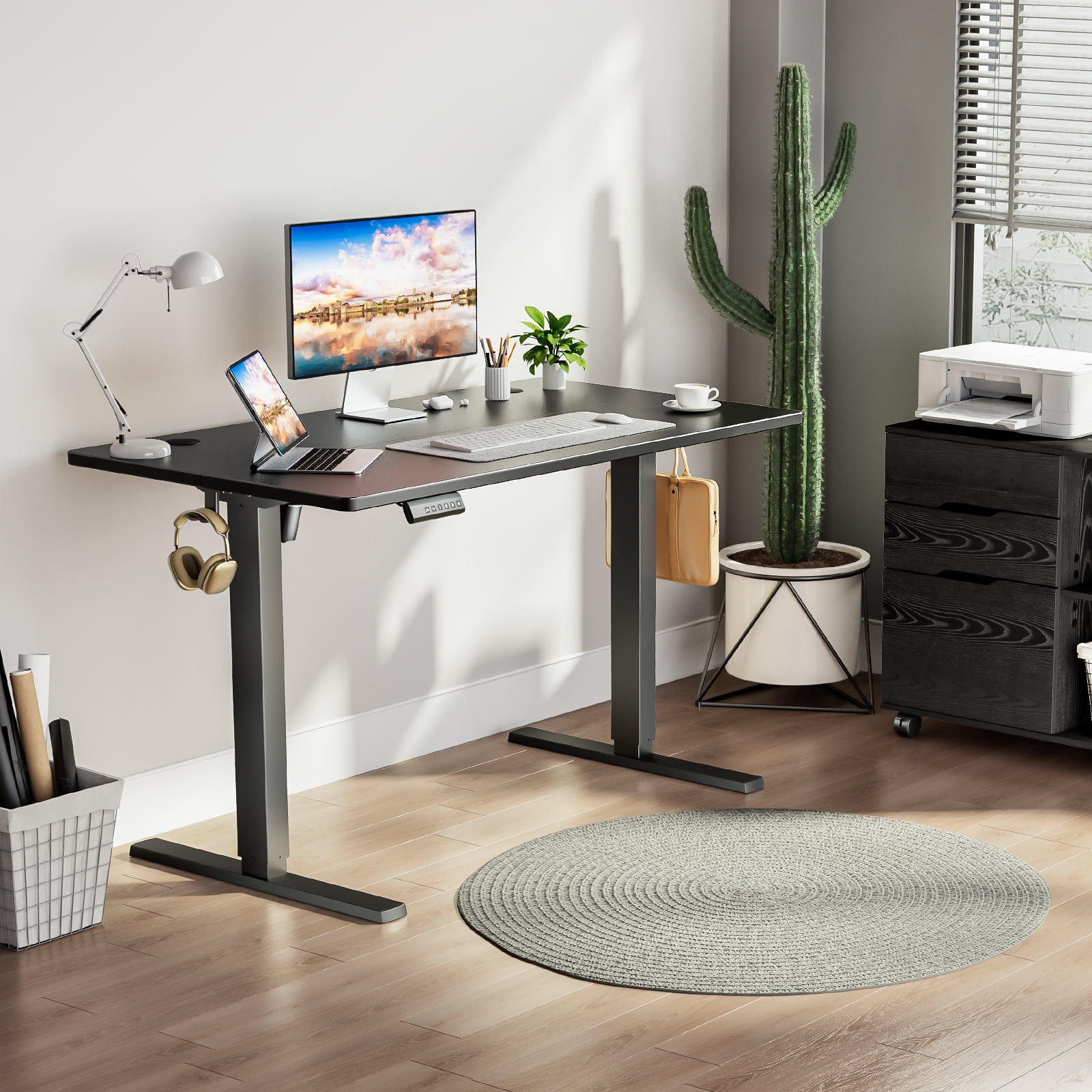 CONCETTA Electric Adjustable Height Standing Desk - 40 x 24 inch Sit to Stand Up Desk with Splice Board, Rising Home Office Computer Table with 2 Hook and Wire Hole for Work