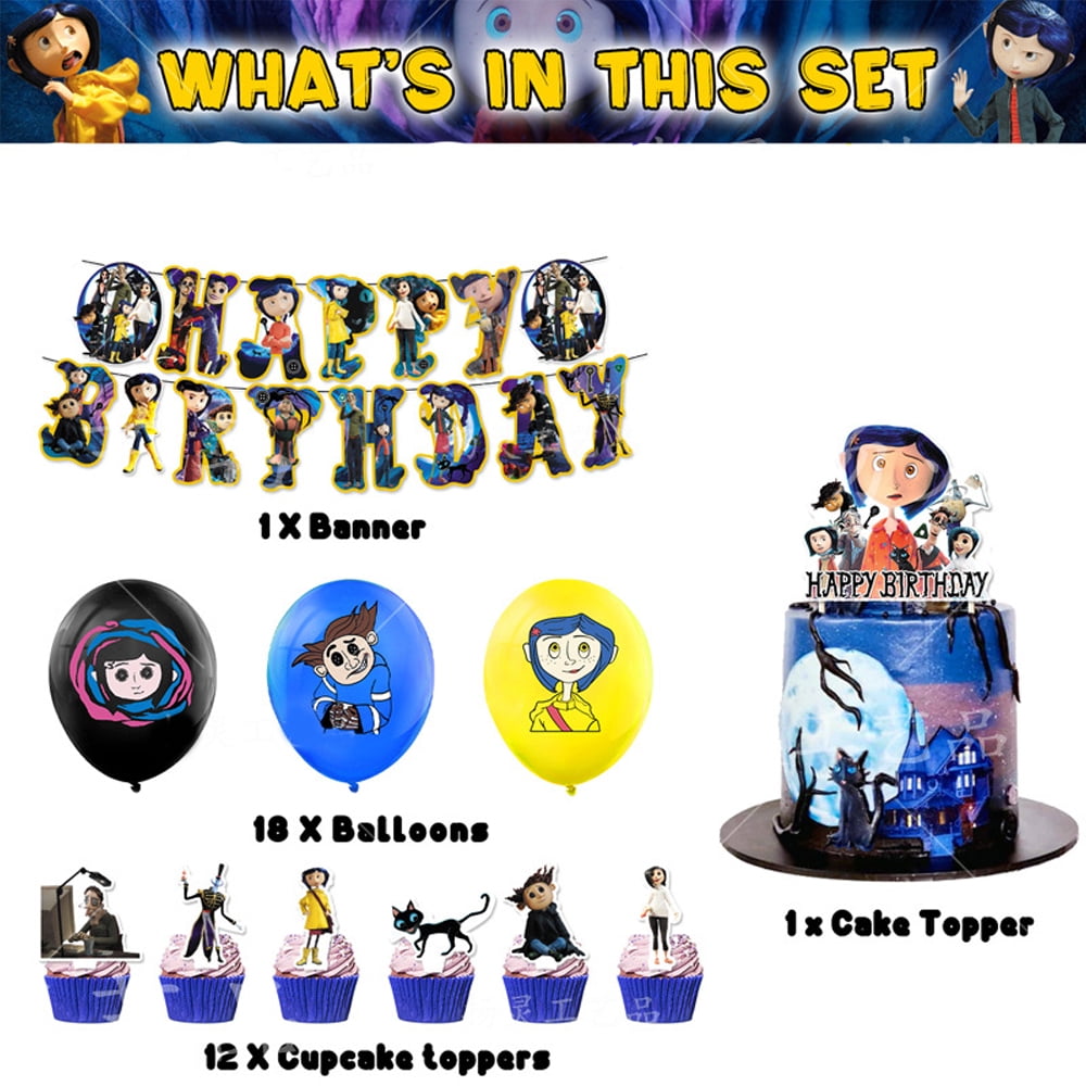 46 Pcs Coraline Birthday Decorations, Coraline Movie Theme Birthday Party  Supplies for Kids Halloween Decor Includes Happy Birthday Banner, Latex