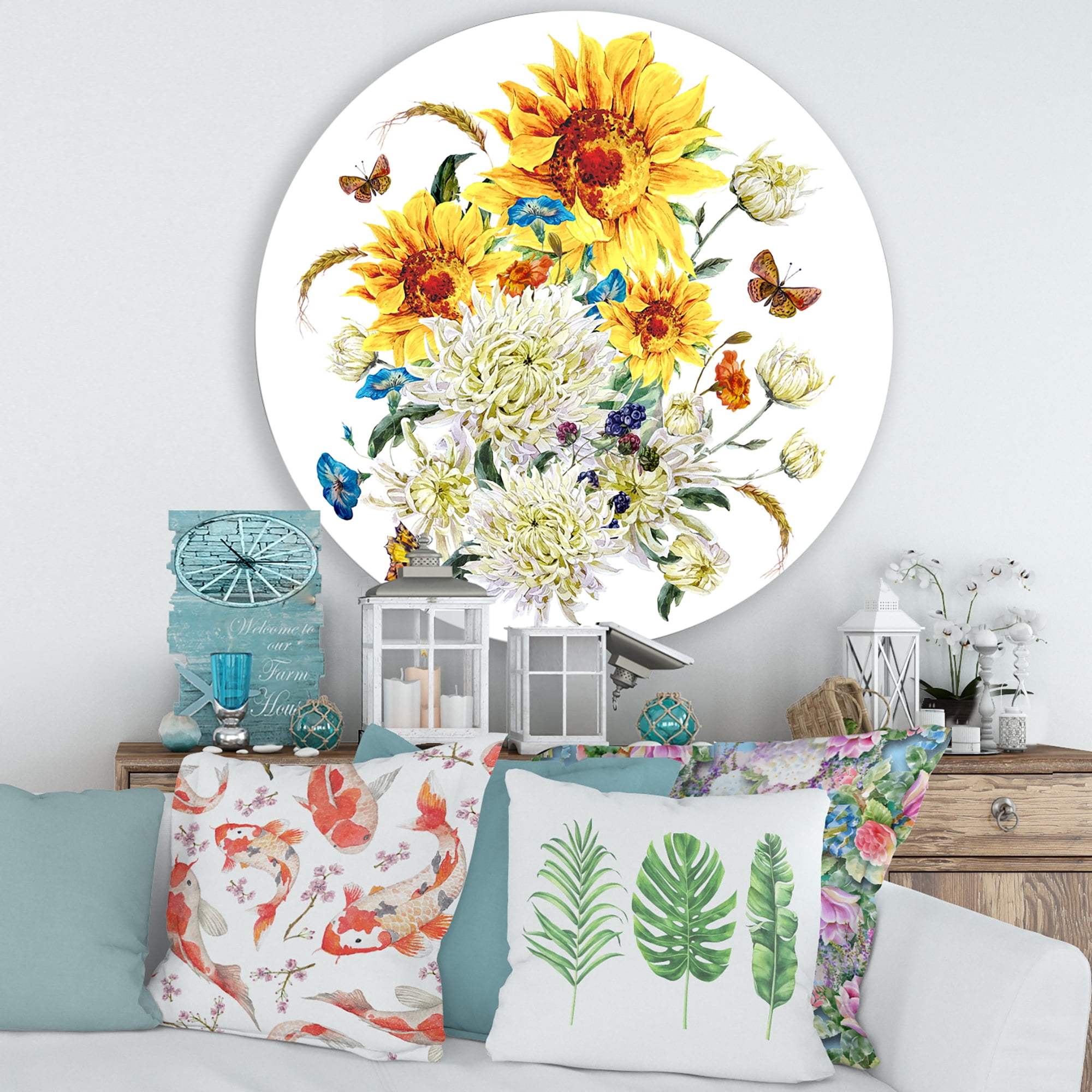 Designart 'Ancient Chrysanthemums and Sunflowers' Traditional Circle Metal Wall Art 29x29 - Disc of 29