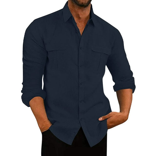 CVLIFE Hauts pour Hommes Col Rabattu T-shirt Col à Revers T-shirt Coupe Régulière Manches Longues Tee Plage Automne Chemises Bleu Marine 2TG