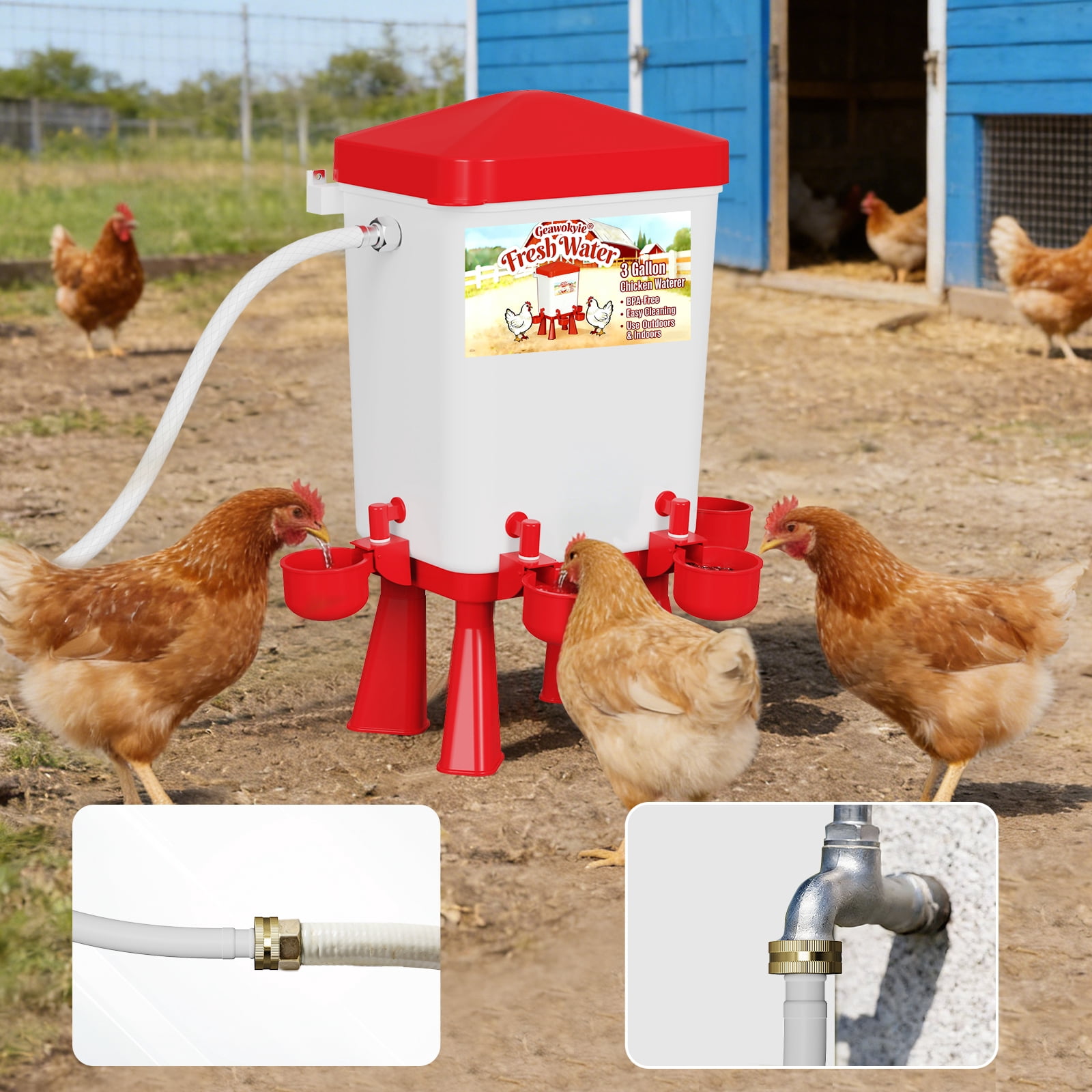 3 Gallon Red Automatic Chicken Waterer, Float-Controlled Continuous Water, Hose Connectable, Hands-Free Poultry Water Feeder for Chicks Ducks Geese