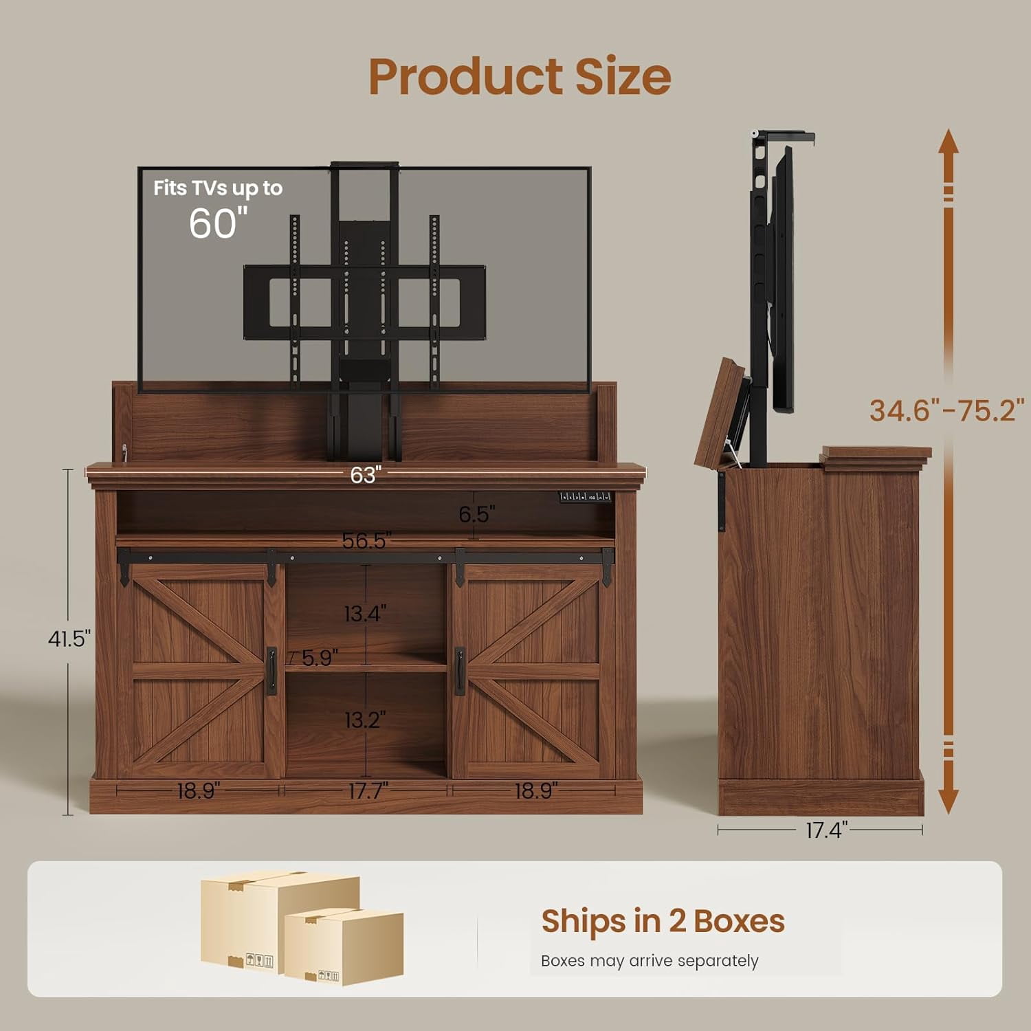 Motorized TV Lift Cabinet for 55-60” TVs, Farmhouse TV Stand, Entertainment Center with Storage Cabinets & Sliding Barn Doors, TV Media Console Table with Charging Station for Living Room, Brown