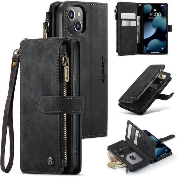 iPhone 13 5G Wallet Case with Card Holder Kickstand Magnetic Zipper Pocket Lanyard Strap Wristlet,Leather Flip Case Wallet for iPhone 13 5G 6.1 Inch