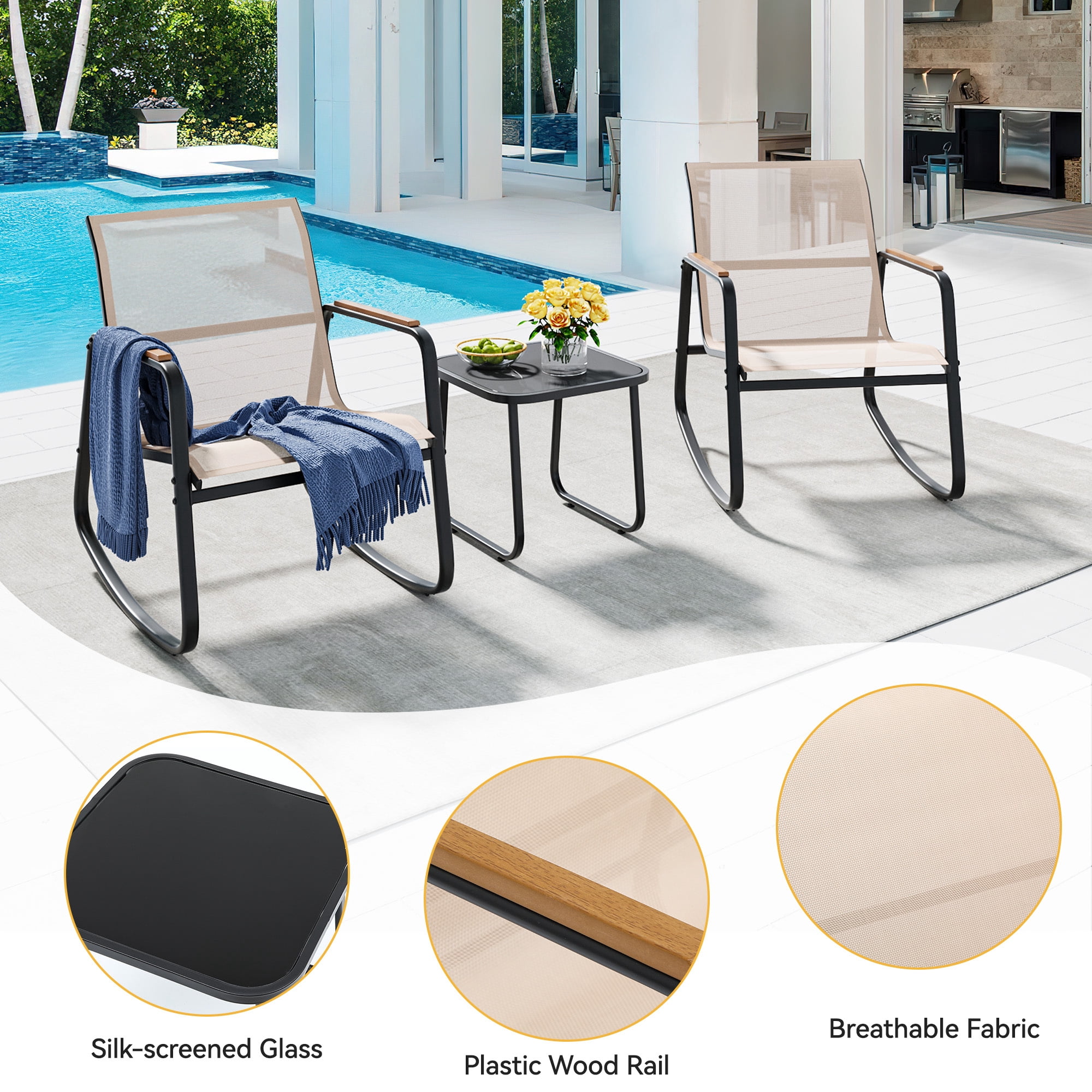 Uforic 3 Piece Patio Rocking Bistro Set, Textilene Outdoor Rocking Chairs with Wooden Armrest, Tempered Glass Side Table, Furniture Set for Garden Balcony Poolside, Beige