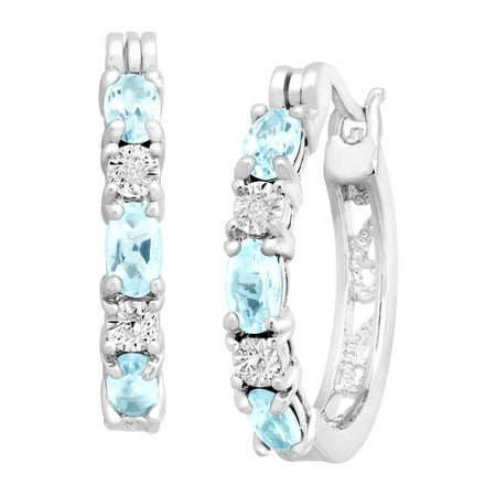 - 1 5/8 ct Natural Sky Blue Topaz Hoop Earrings with Diamond Accents, Platinum-Plated Brass
