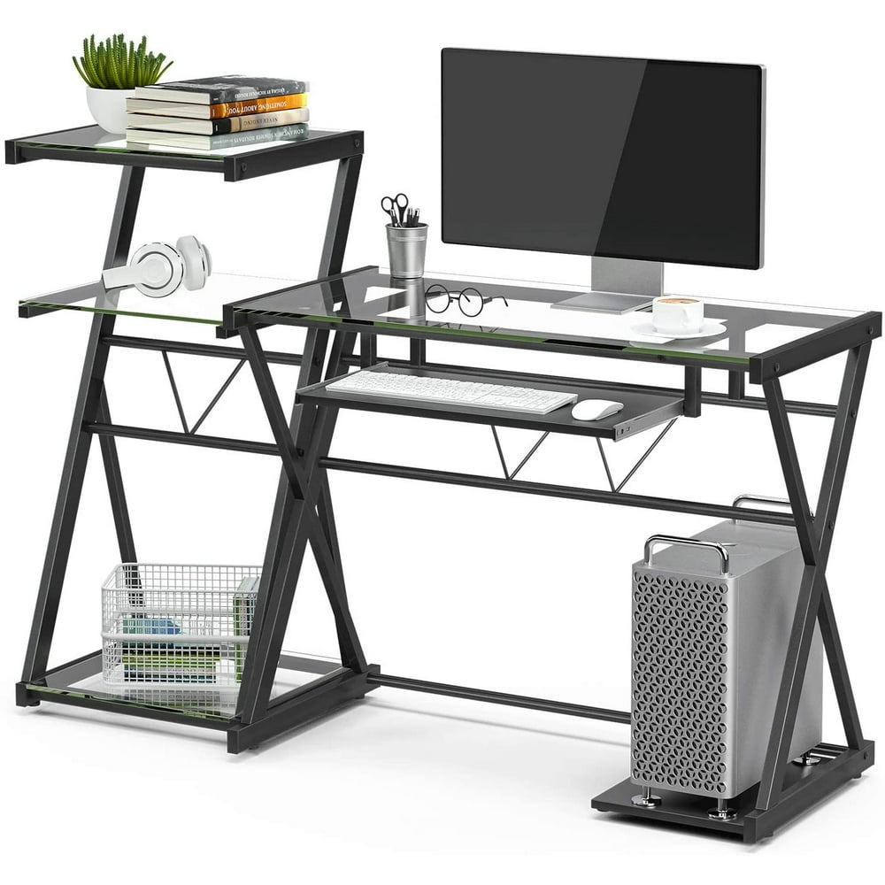 Mecor Glass Computer Desk Laptop Table Metal XFrame Corner Workstation