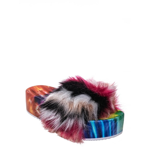Bamboo Thick Platform Footbed Furry Sandal Fluffy Tie Die EVA
