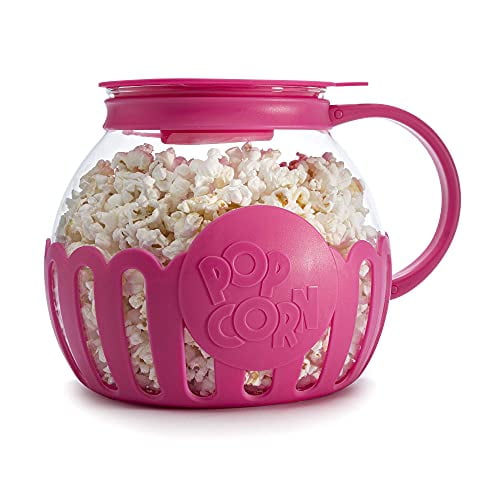 MicroPop Popcorn Popper, cristal, tapa 3 en 1, apto para lavavajillas, tamaño familiar de 3 cuartos, color rosa