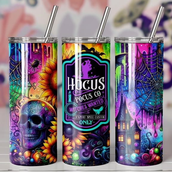 Hocus Pocus Skinny Tumbler, Spooky Halloween Skull Sunflower Tumbler, 20oz 30oz Insulated Cup