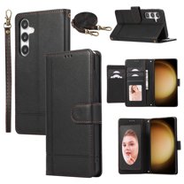 Allytechgroup Galaxy S21 Wallet Case with Makeup Mirror   Hand Wrist   Crossybody Shoulder Strap, Retro Multiple Cards Slots Cash Pocket Flip Stand Cover for Samsung Galaxy S21, Black