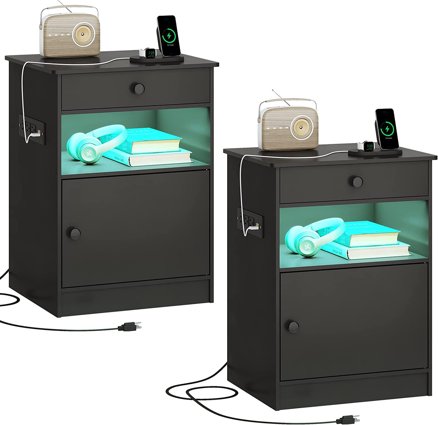 ADORNEVE Set of 2 Nightstand with LED Light and Charging Station