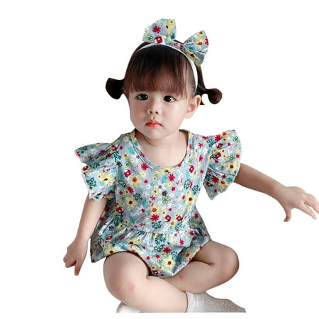 

JAKANYQ Bodysuits Printed Girls Floral Baby Bodysuit+Headbands Sleeve Romper Fly Infant Girls Romper&Jumpsuit Loose-Fitting