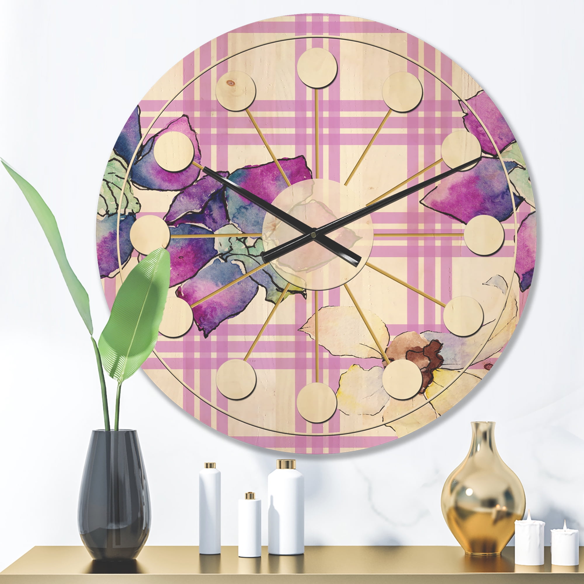 Designart 'Botanical Floral Retro VII' Mid-Century Modern Wood Wall Clock