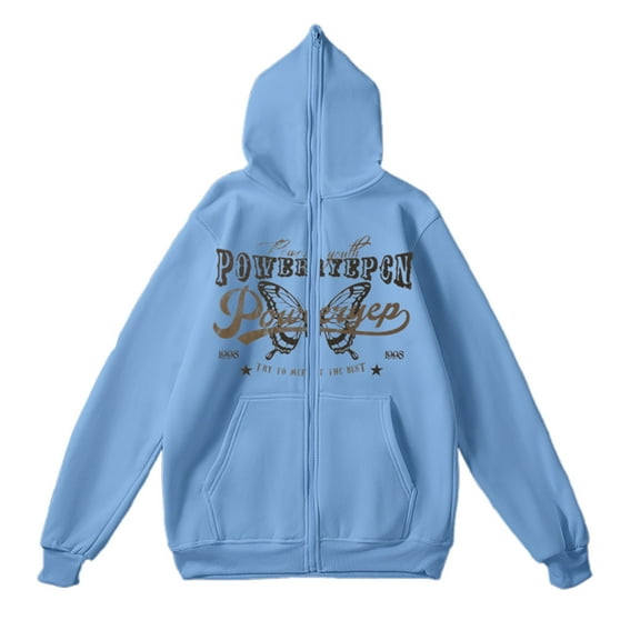 Puliio Mens Zip Up Hoodie Couple Style Butterfly Letter Print Casual Loose Fit Pullover Jacket Daily Wear Outdoor Activities Comfortable Full Zip Hooded Sweatshirts With Pocket