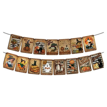 

Halloween Banner | Funny Pumpkin Banner | Vintage Halloween Sign Banner With 15 Flags Pumpkin Crows Black Cats Decoration Garland For Retro Party Wall Decor Supply