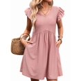 thumbnail image 4 of Women'S Summer Short Sundress Casual V Neck Ruffle Sleeve Mini Dress with Pockets Red Bean Powder XL, 4 of 9