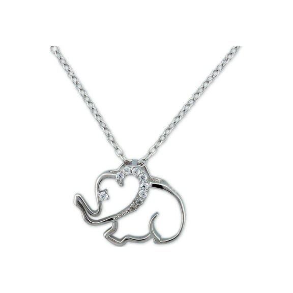 CZ Sterling Silver Outlined Elephant Pendant, 18"