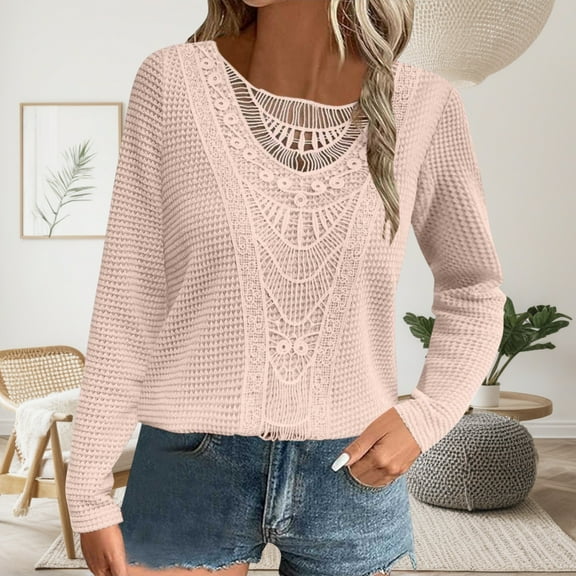 Zunfeo Fall Tops for Women 2024 Trendy Casual Lace Tops Long Sleeve Tunic T Shirts S-2XL Clearance-