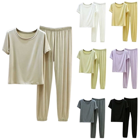 Bixock Women Pajamas Set Loungewear Sleepwear 2 Piece Pjs Short Sleeve Crew Neck Top Elastic Waist Jogger Pant Loose Stretch Light Summer Casual Indoor Women Clothings