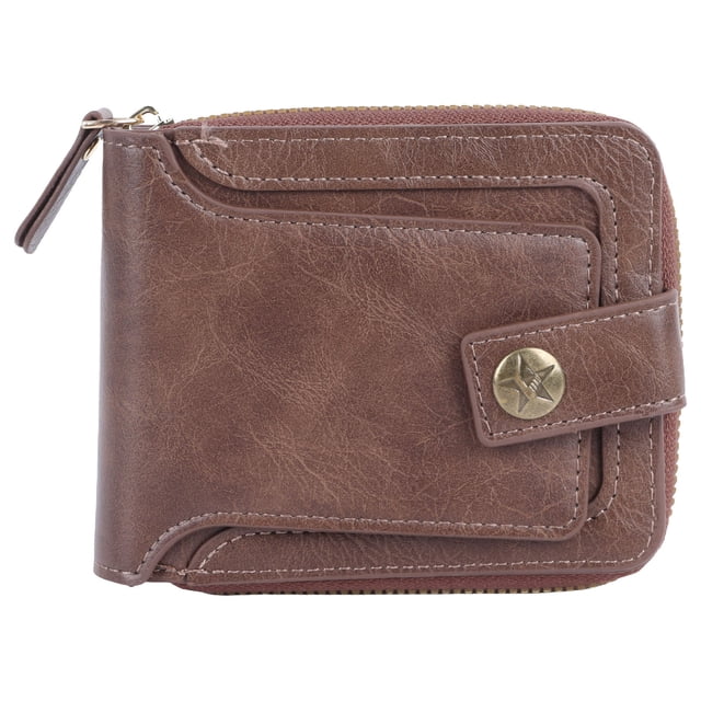 Cartera para hombre Cartera de tres pliegues Cuero sintético Hebilla con cremallera retro Múltiples ranuras Cartera portátil de gran capacidad para viajes Marrón