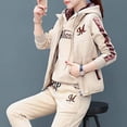 thumbnail image 5 of Women's 3 Piece Outfit Set Vest Hoodie And Long Pants With Letter Print Long Sleeve Hooded Sweatshirt Sleeveless Stand Collar Vest Elastic Waist Long Pants Autumn Winter Fleece, 5 of 6